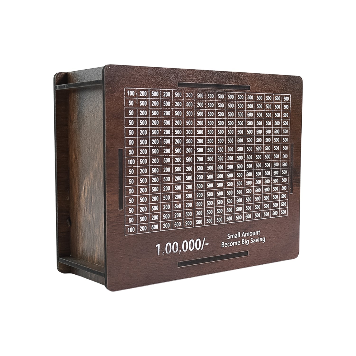 A dark brown wooden savings box with a white grid tracker on the front, viewed from a slight angle on a white background.