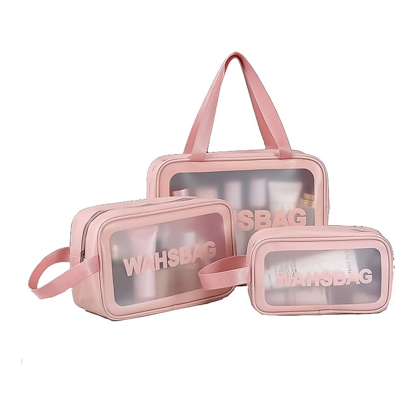 Three pink waterproof travel bags with clear panels and 'WAHSBAG' text are arranged on a white background.