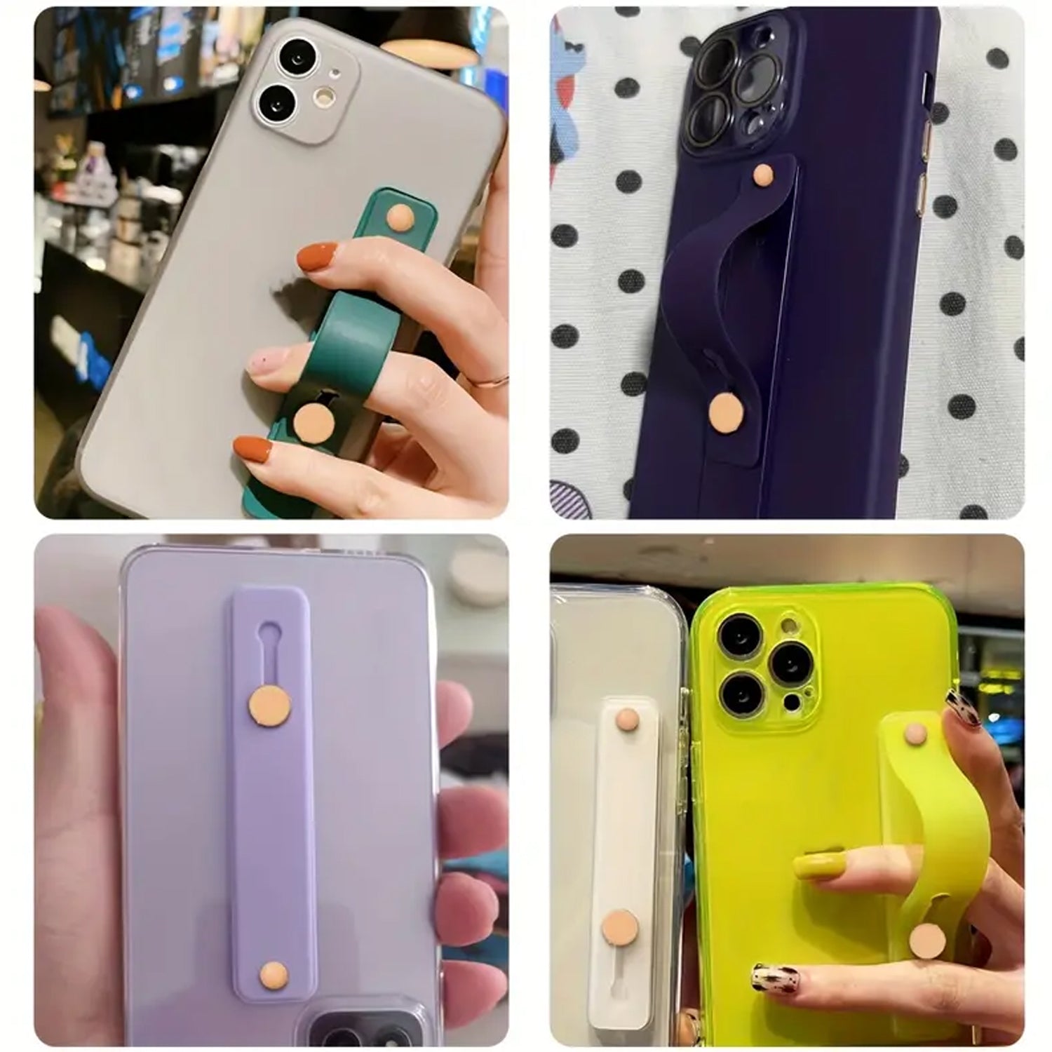 A collage of four phones with silicone grips in green, purple, white, and yellow colors.