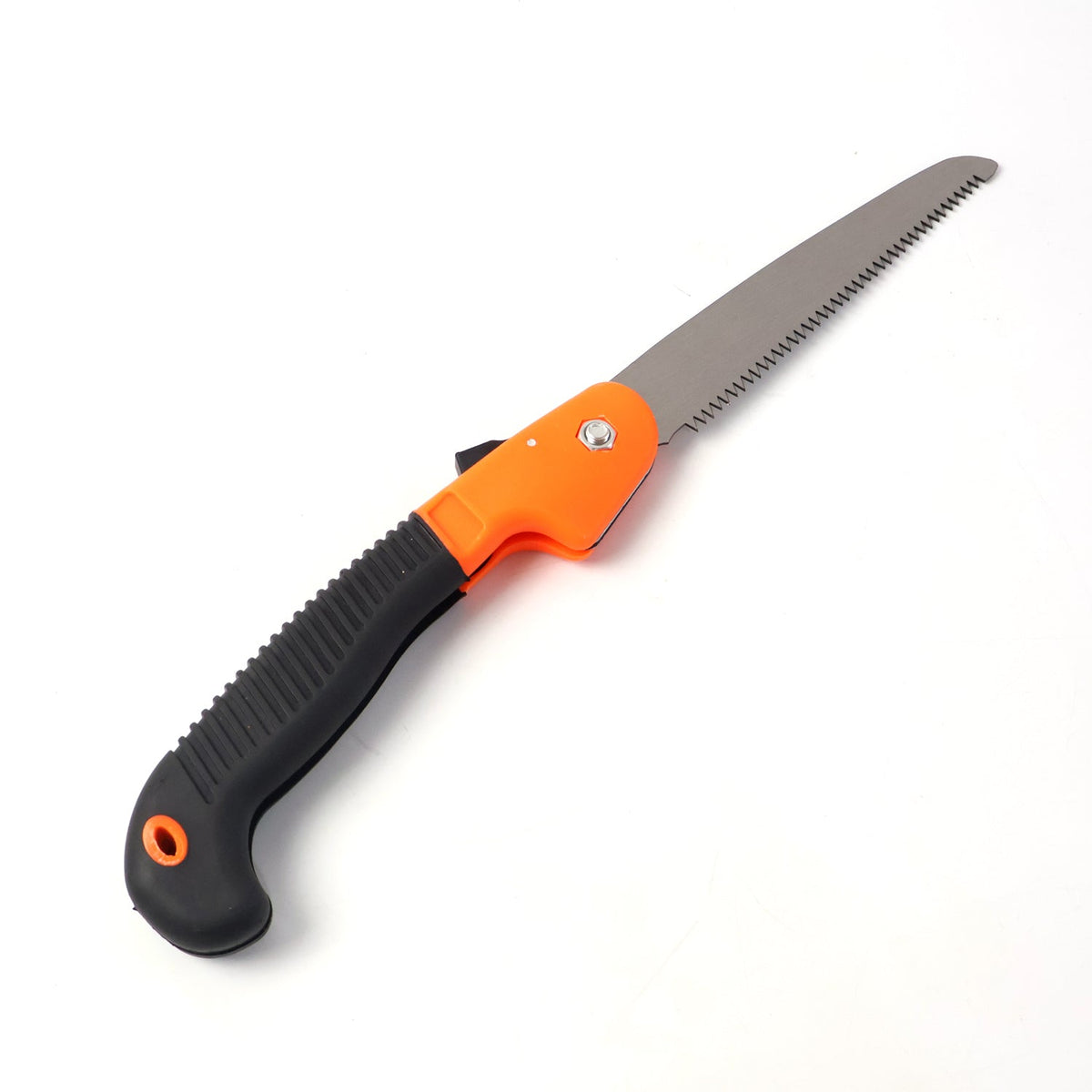 The orange and black folding hand saw with its metal blade extended is displayed on a plain white background.