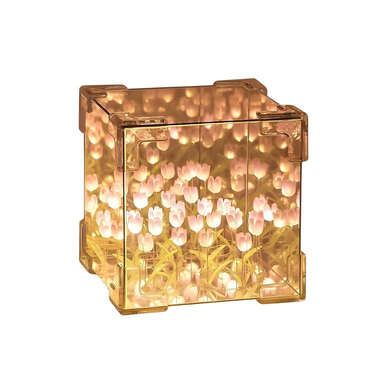 Close-up of transparent cube LED lamp featuring tulip flower design