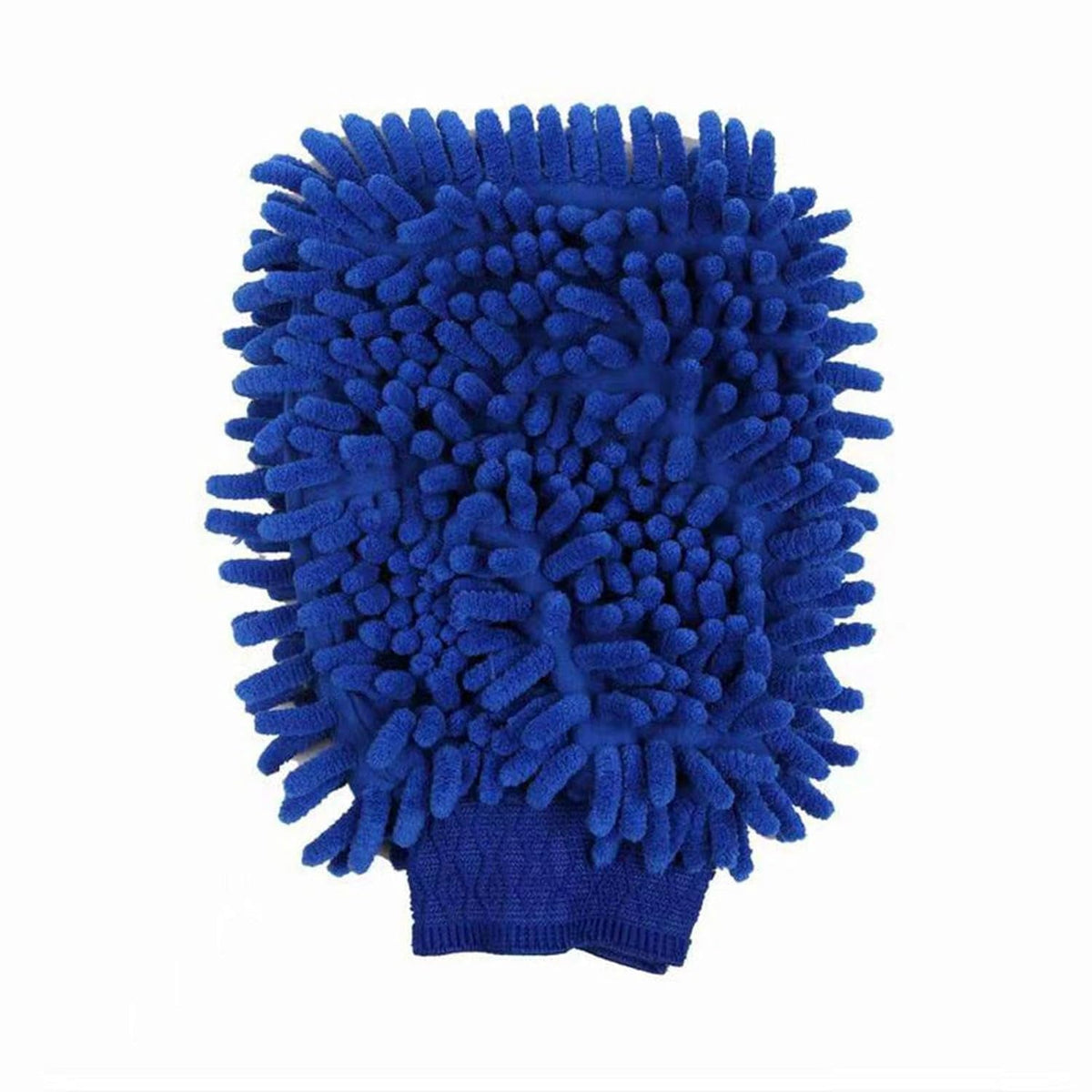 A blue microfiber wash mitt with an elastic cuff, displayed flat against a white background.