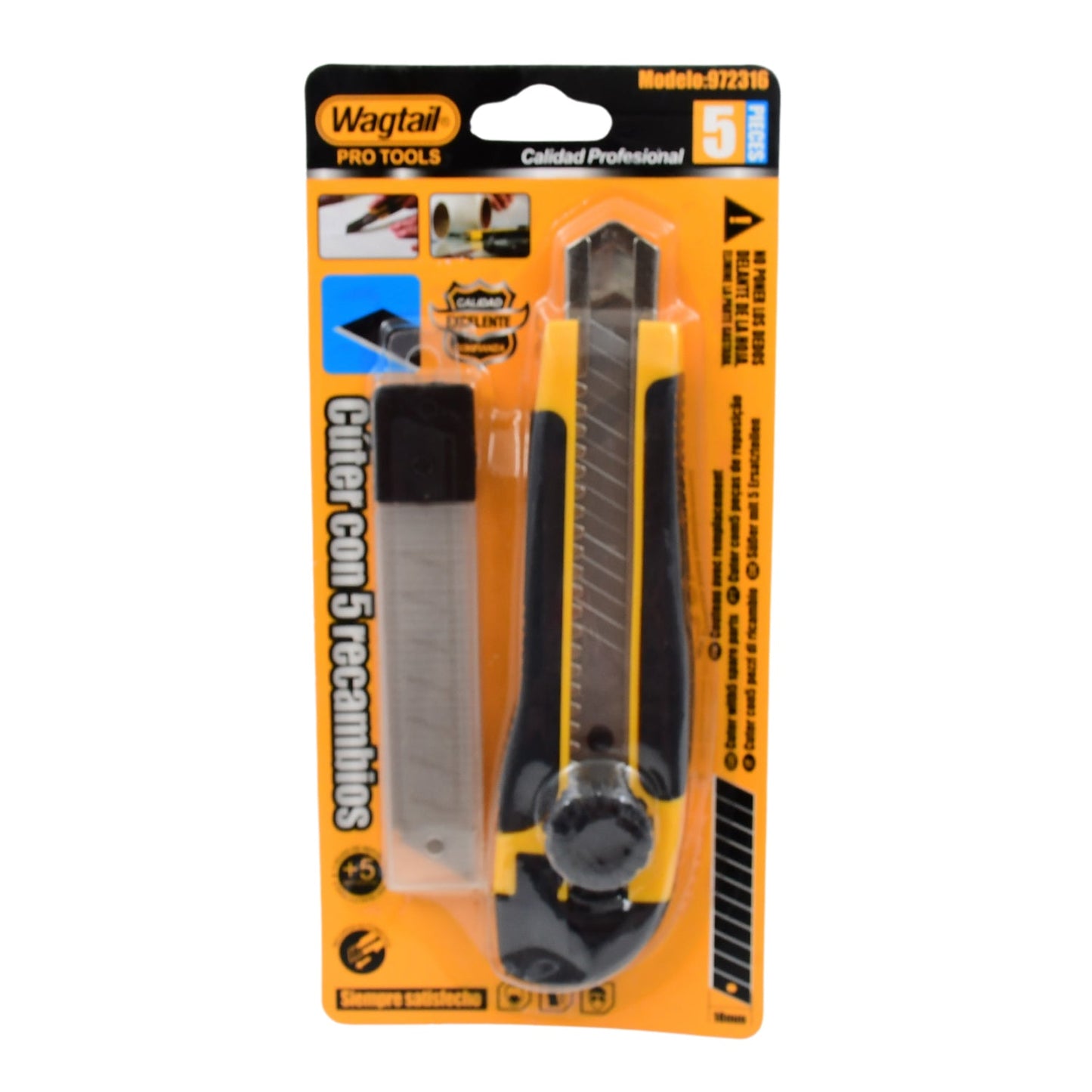 The utility knife and a case of five replacement blades are sealed in their yellow and black retail packaging.