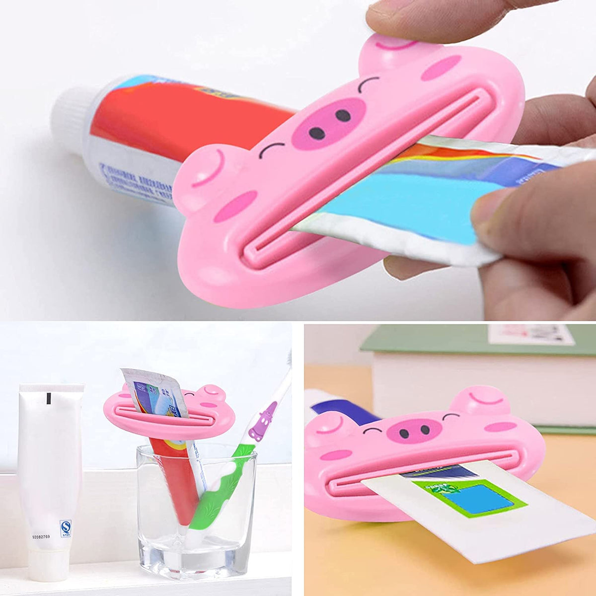 A collage of three images showing a pink pig-shaped toothpaste squeezer in use, including a hand inserting a tube and the