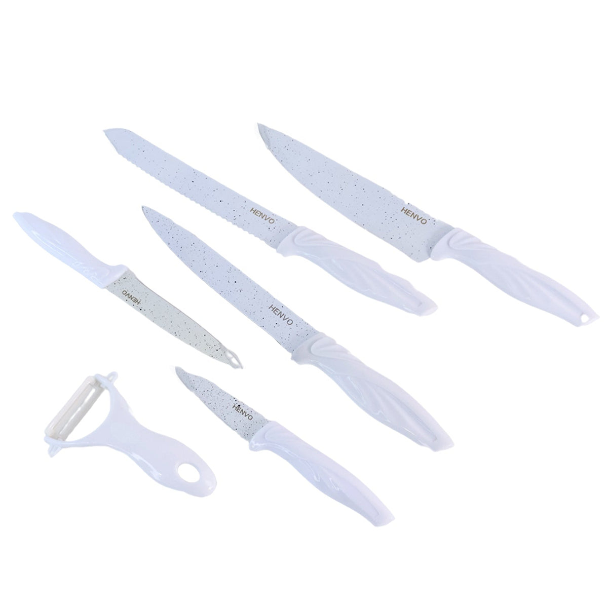 Marble look kitchen knife set with multi-use peeler included