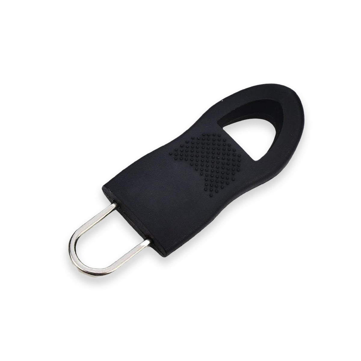 A black rubber zipper pull tab with a silver metal loop is shown on a plain white background.