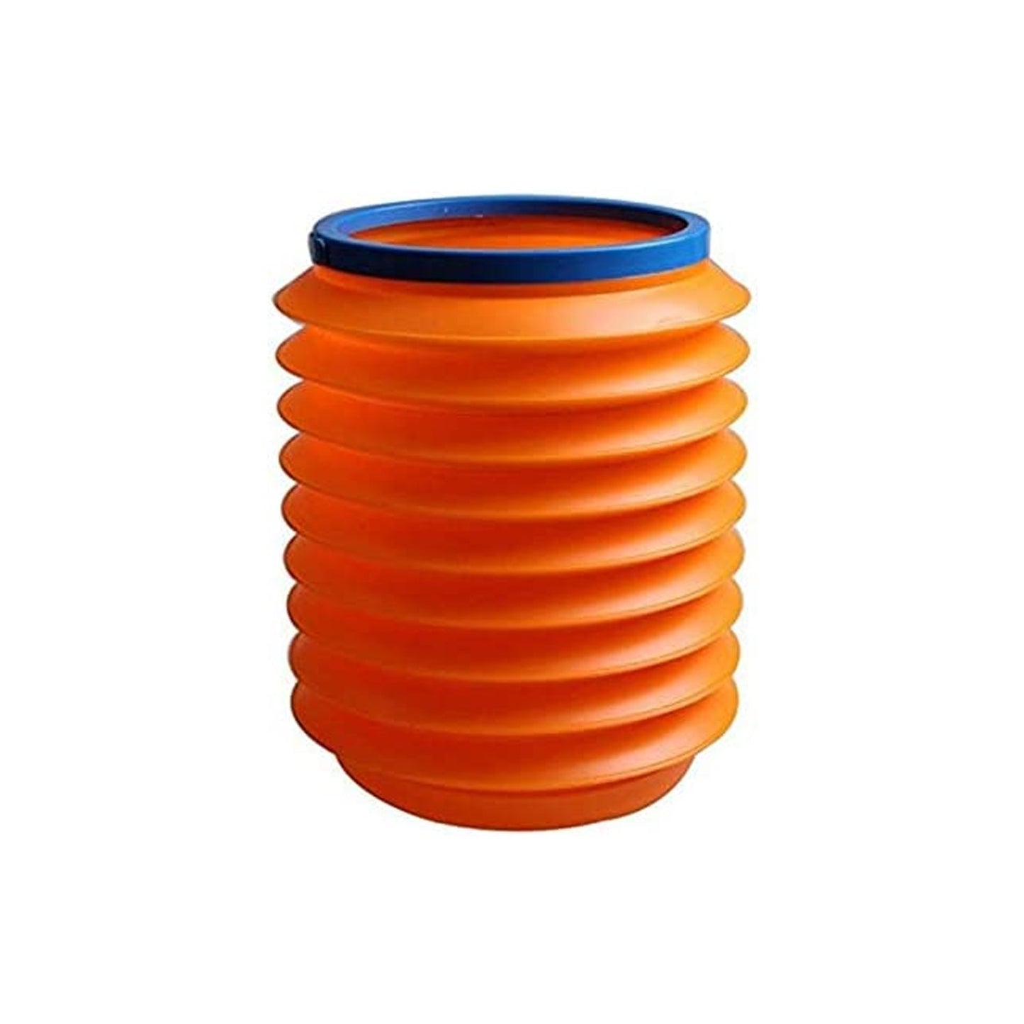 A fully extended orange accordion-style bucket with a blue rim is isolated on a clean white background.