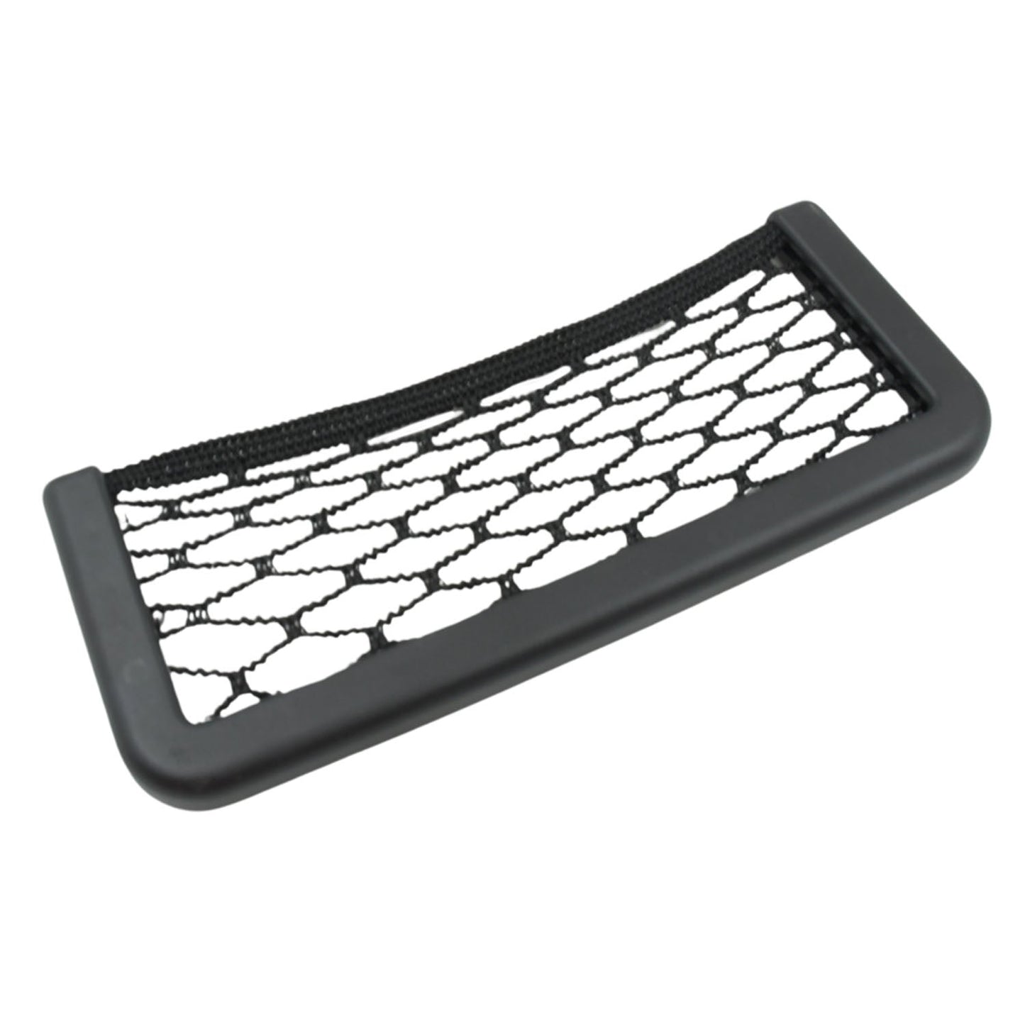 A black mesh car organizer with a hexagonal net pattern on a white background.