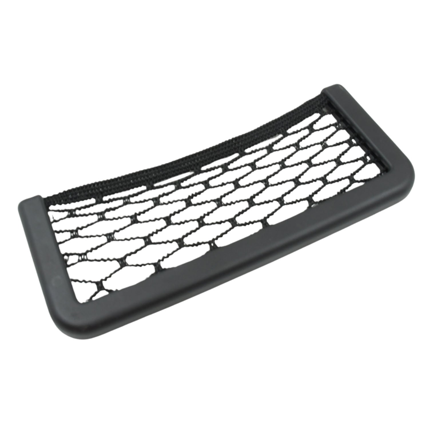 A black mesh car organizer with a hexagonal net pattern on a white background.