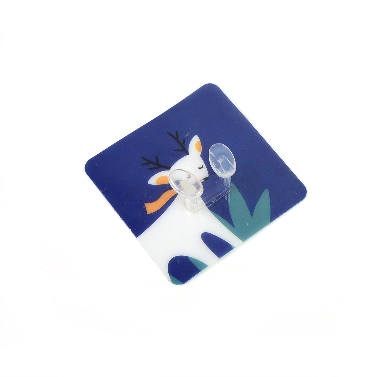 A blue square wall hook with a white deer design and two clear suction cups on a white background.