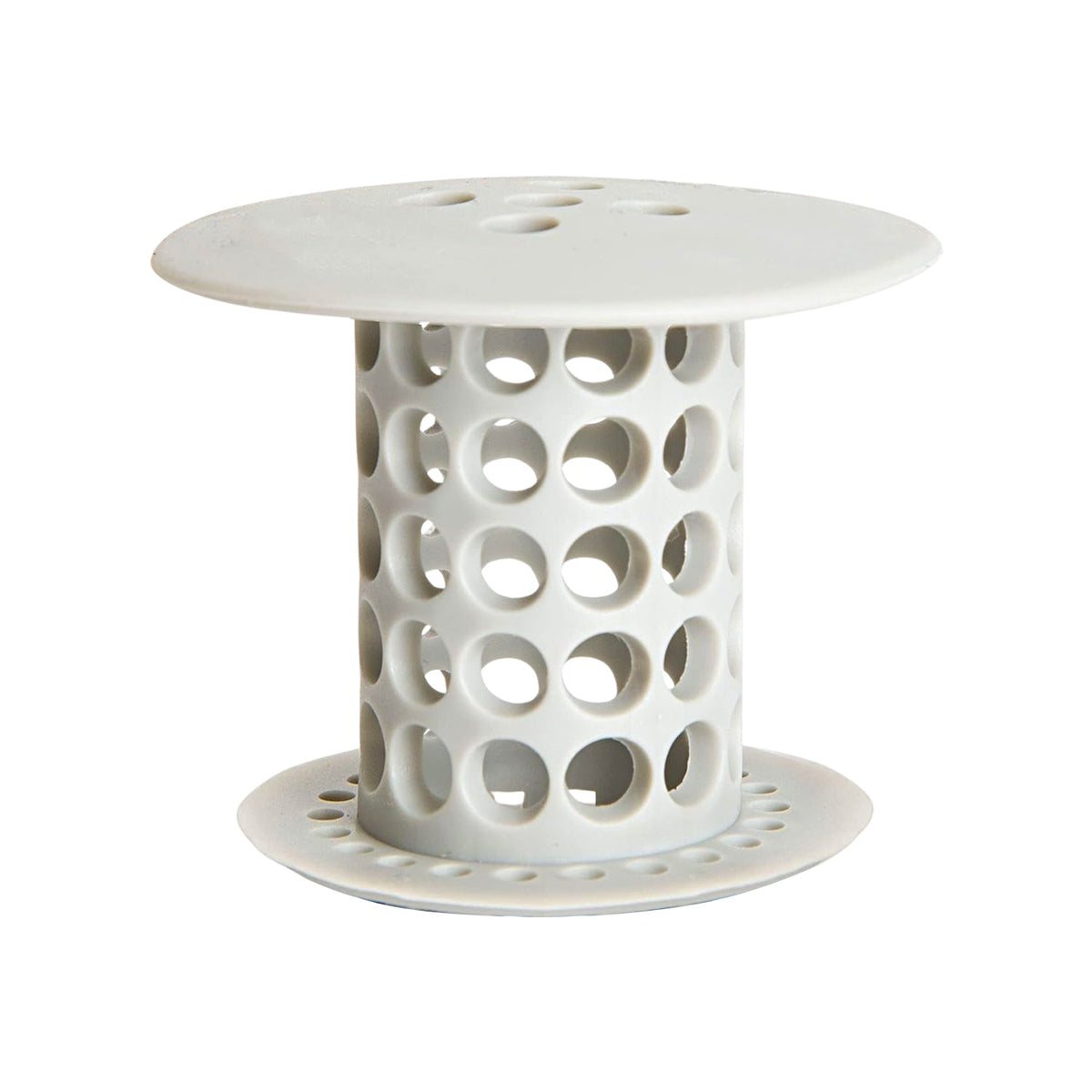 A white silicone tub drain hair catcher with many holes stands on a white background.