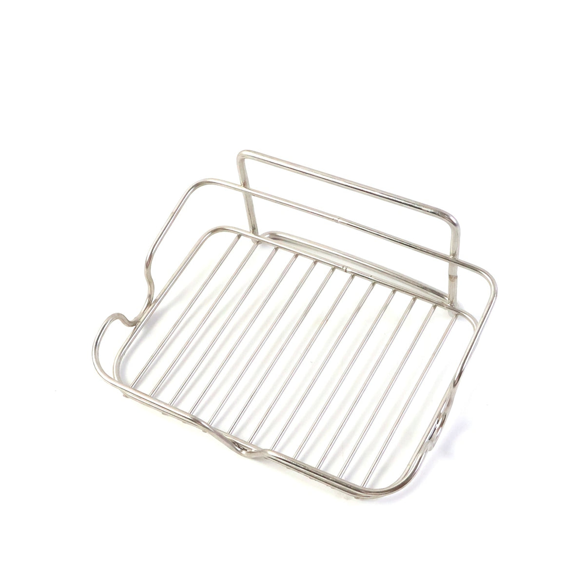 A stainless steel wire soap dish is shown from an elevated angle on a plain white background.