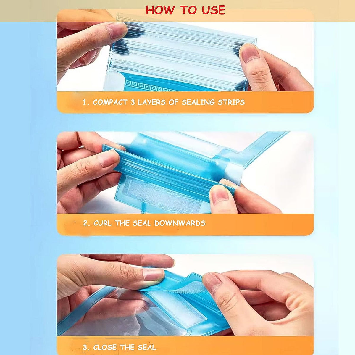 Three close-up images demonstrate how to use a blue waterproof pouch, showing hands compacting, curling, and closing the