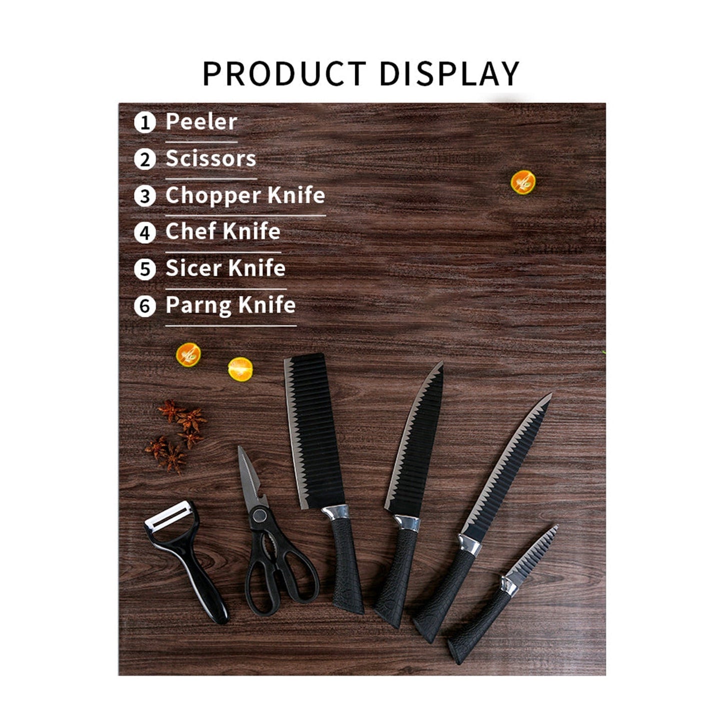 Overhead view of a six-piece black serrated knife set with peeler and scissors on a wooden surface.
