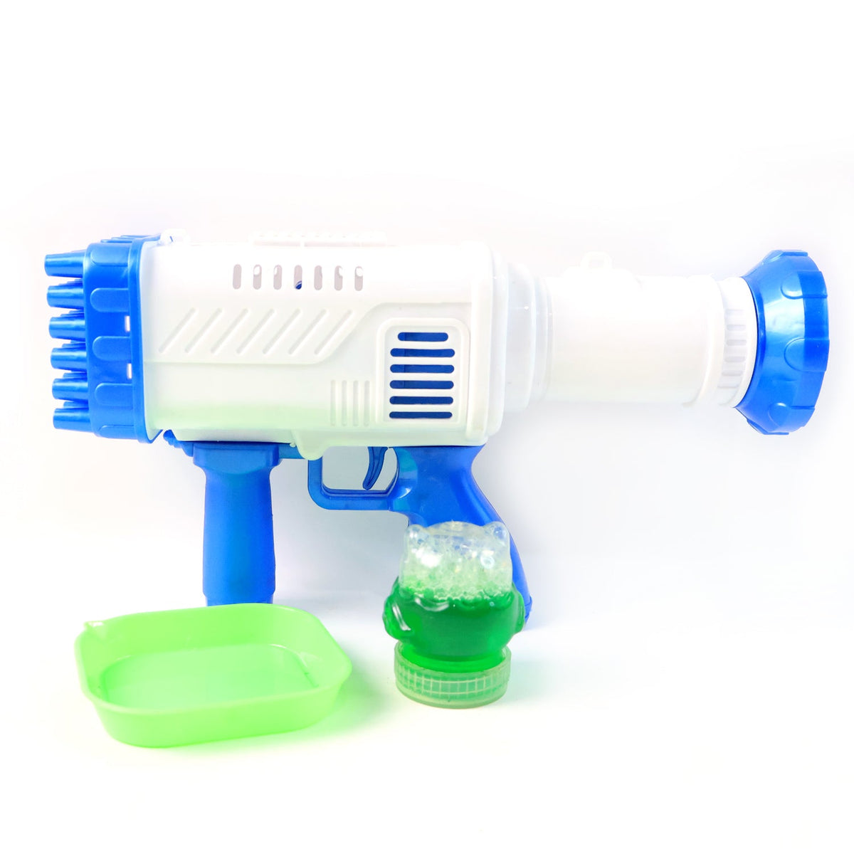 A white and blue 32-hole bubble gun stands next to a green bubble solution tray and a bottle of solution.