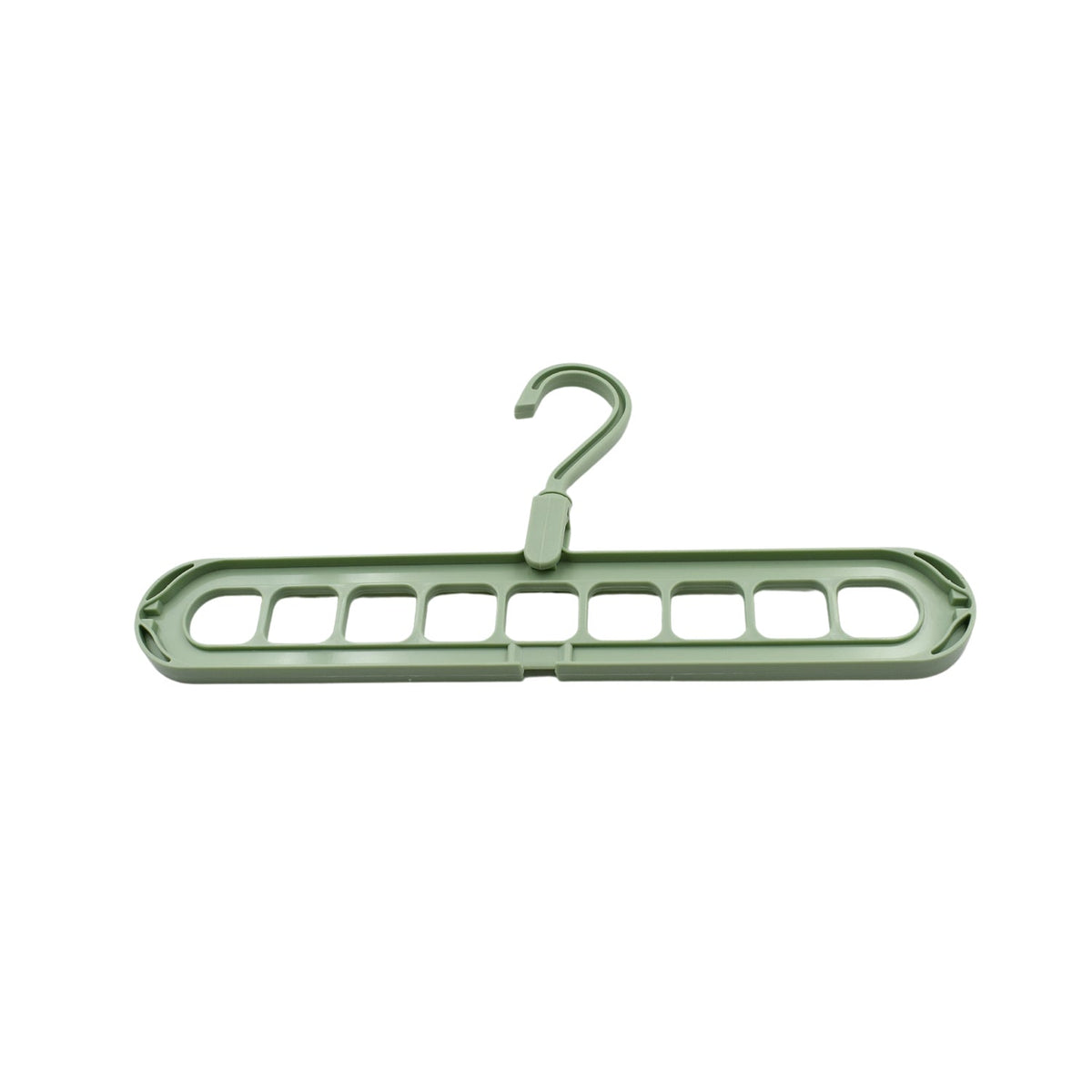 A single green plastic multi-hole hanger on a plain white background.