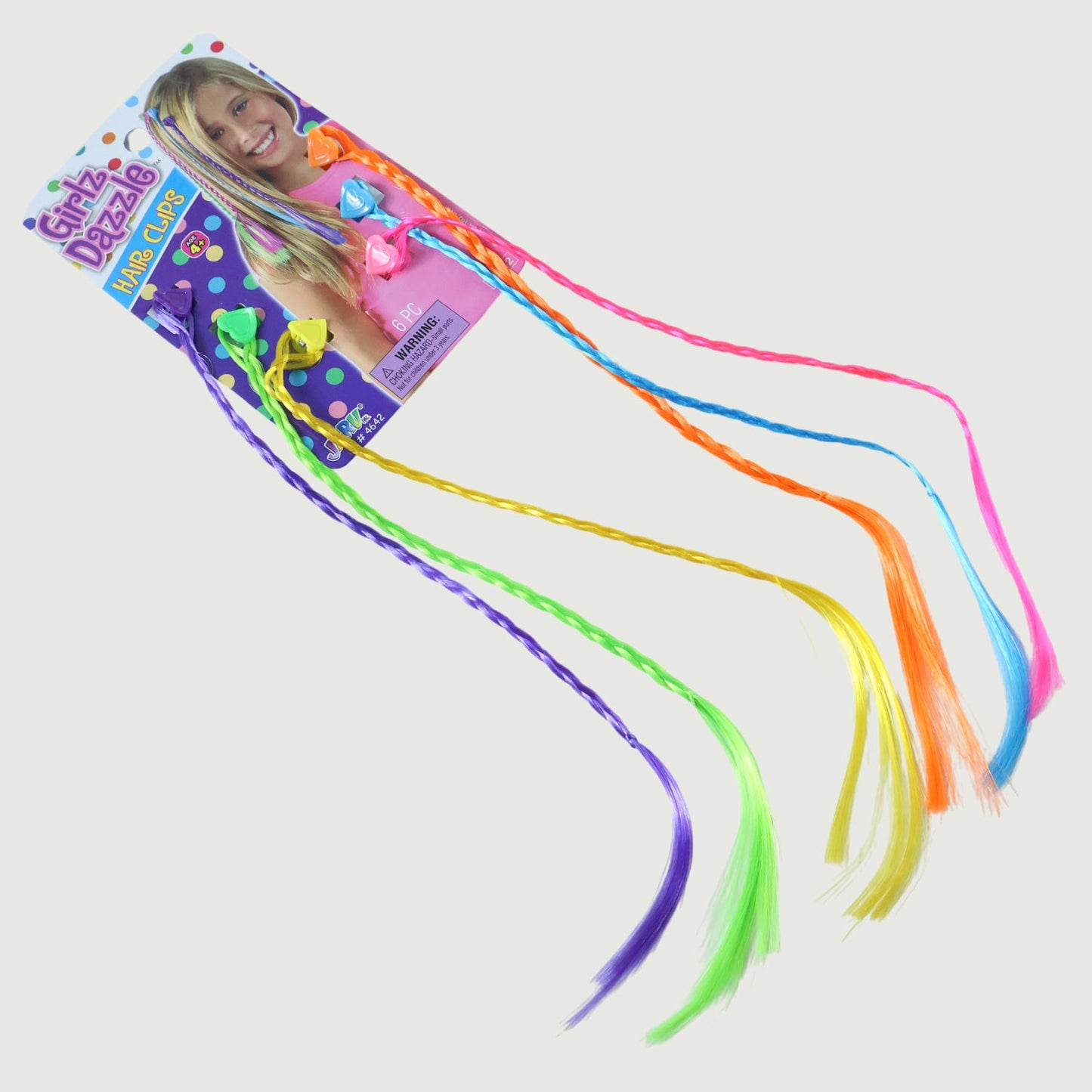 Six colorful braided hair extensions with heart clips are shown in their clear plastic and cardboard packaging.