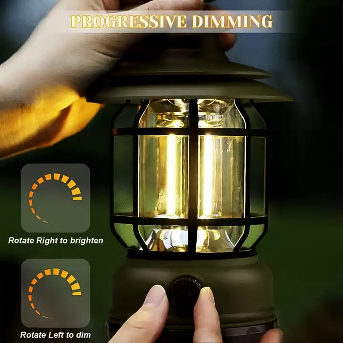 A hand adjusts the dimmer knob on a black retro LED camping lantern, with graphics showing dimming controls.