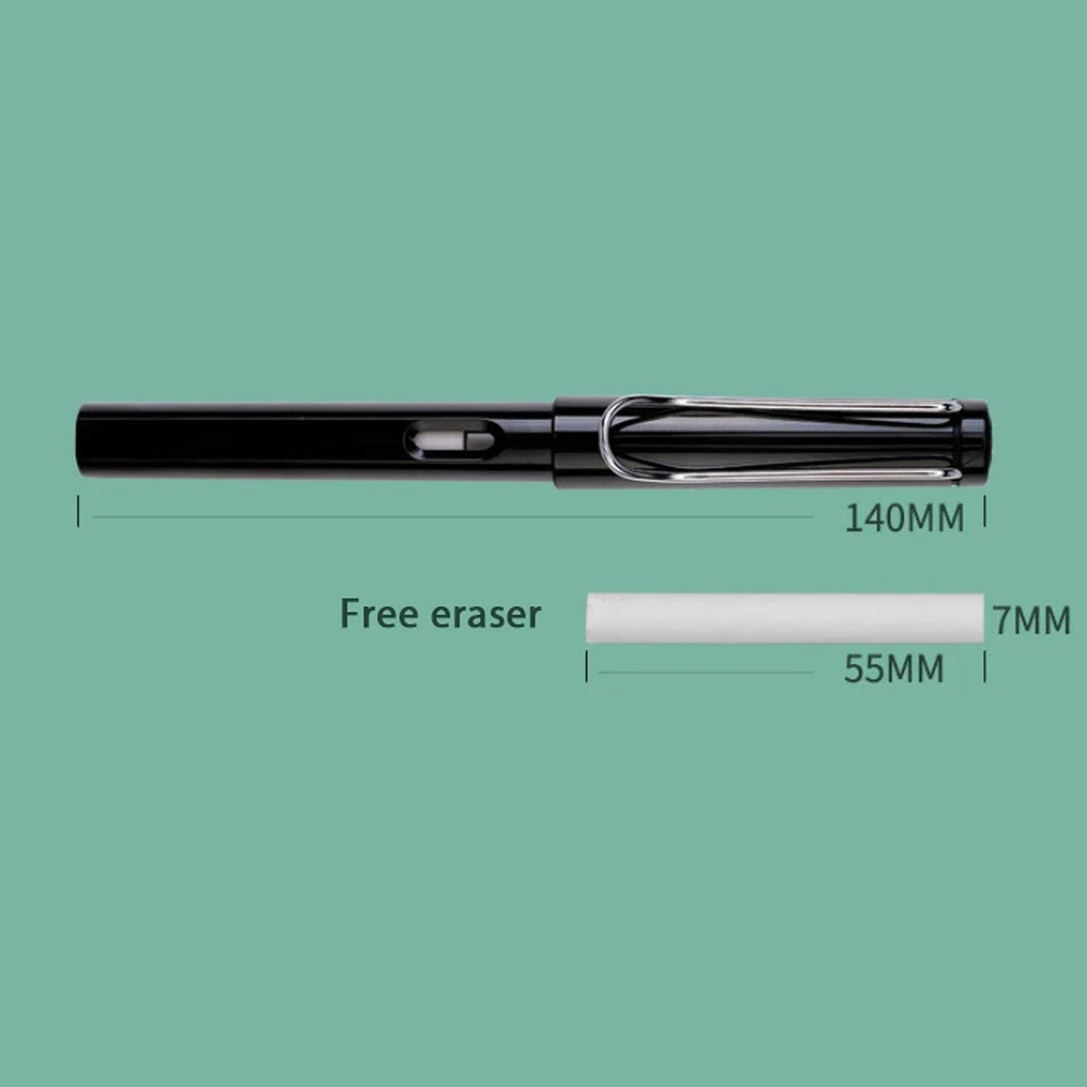 A black inkless pencil and a white eraser stick are shown with their dimensions on a green background.