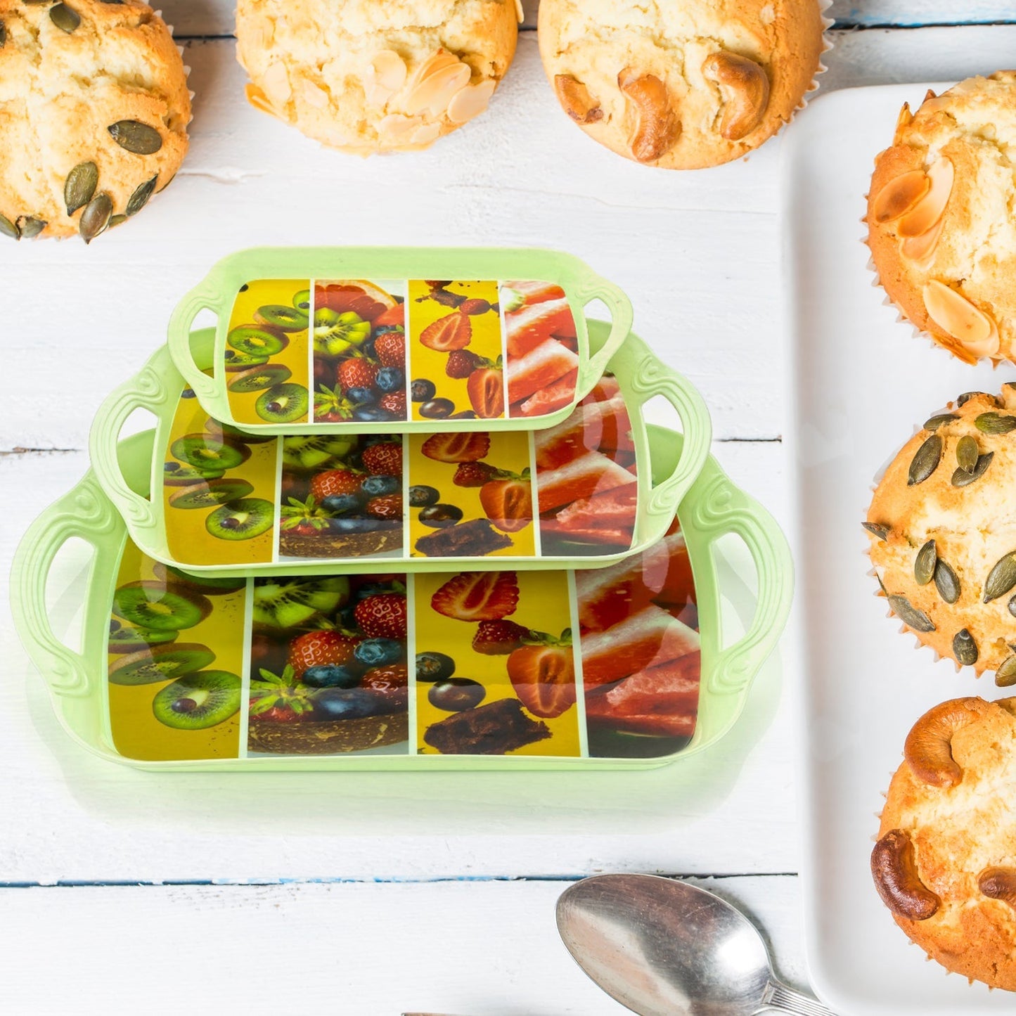Decorative multicolor serving tray set in three sizes ideal for parties and events.