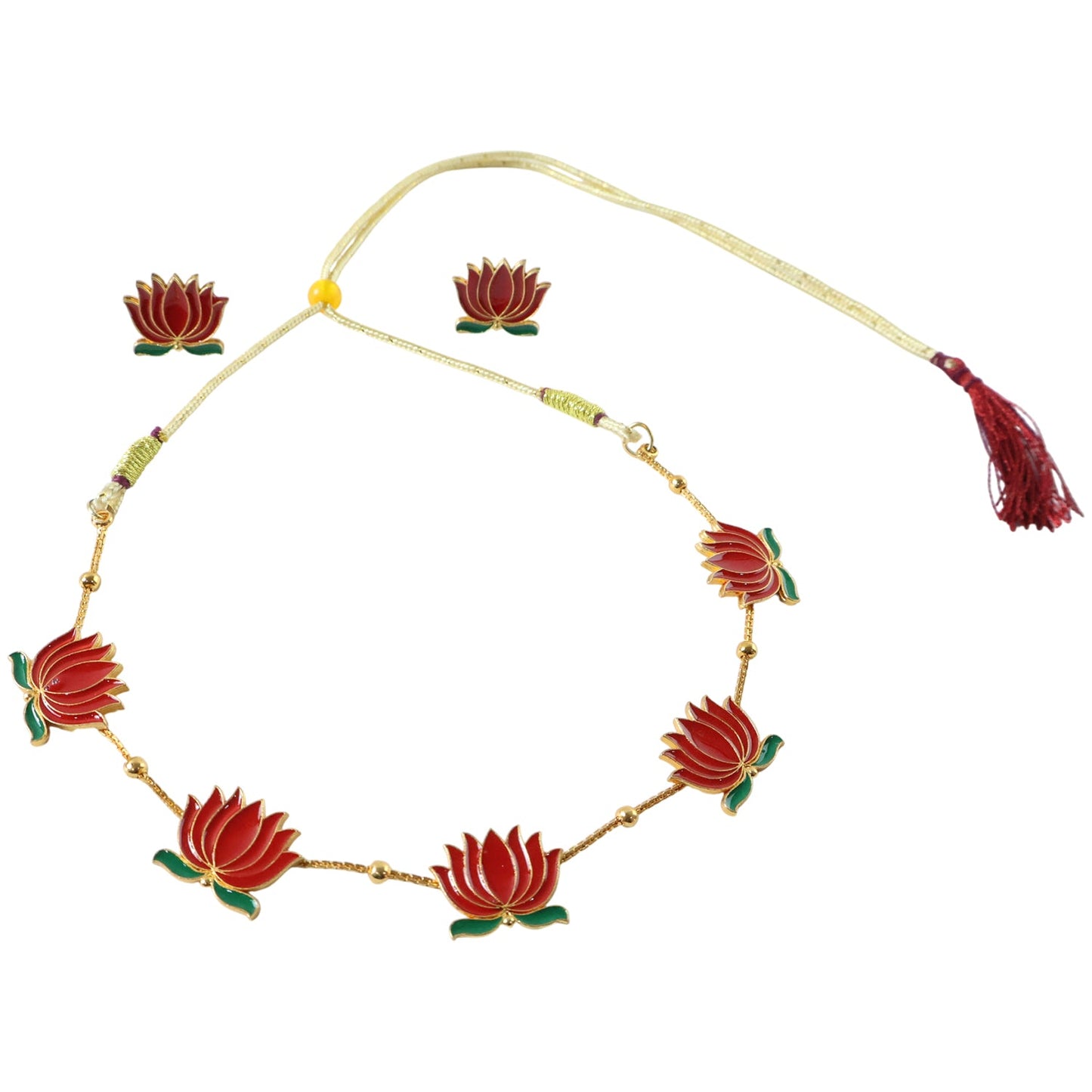 Adjustable thread red lotus necklace and matching stud earrings set