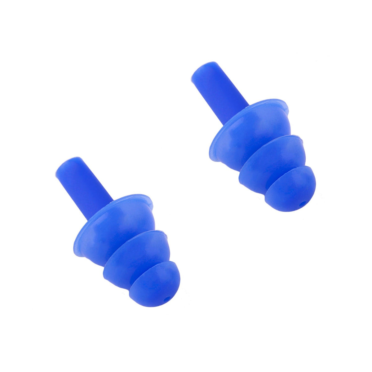 Two blue silicone earplugs with a tiered design are shown against a plain white background.