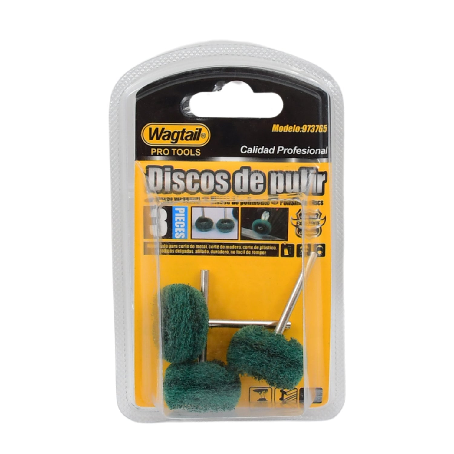 A clear blister pack containing three green polishing wheels with metal shanks, with