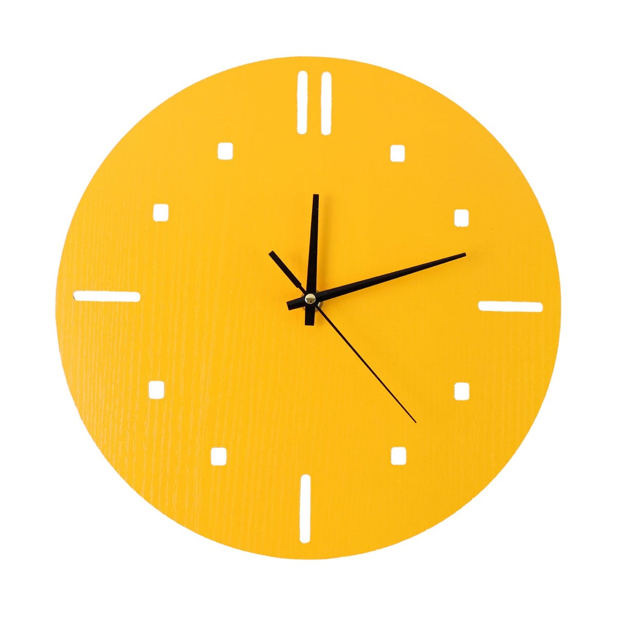 A vibrant yellow round wall clock with minimalist hour markers and black hands is isolated on a white background.