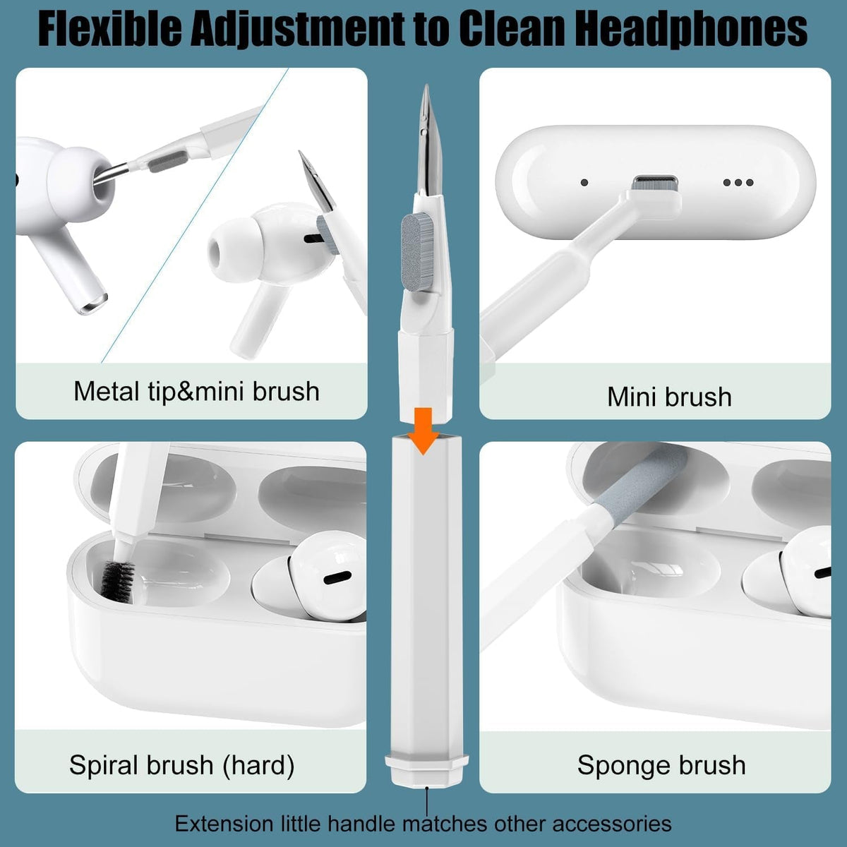Four insets demonstrating headphone cleaning with a metal tip, mini brush, spiral brush, and sponge brush.