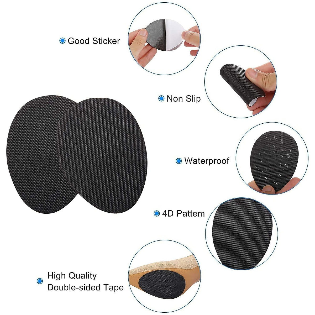 Two black non-slip pads are displayed with insets highlighting features like good sticker, non-slip, and waterproof.
