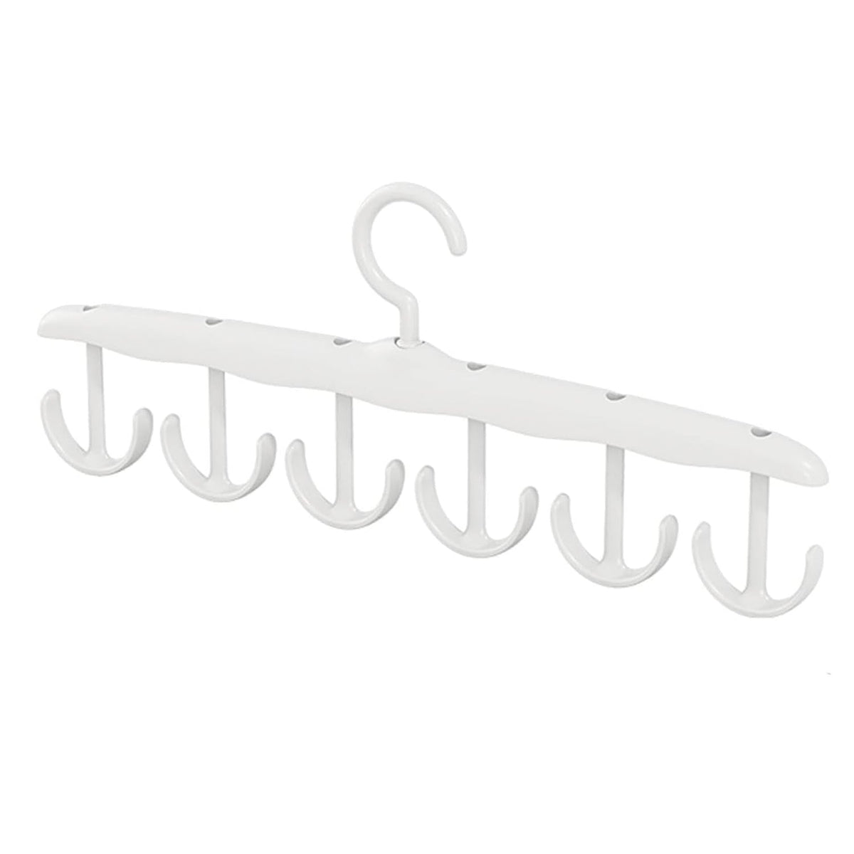 A white plastic multi-hook hanger with six rotating hooks on a white background.