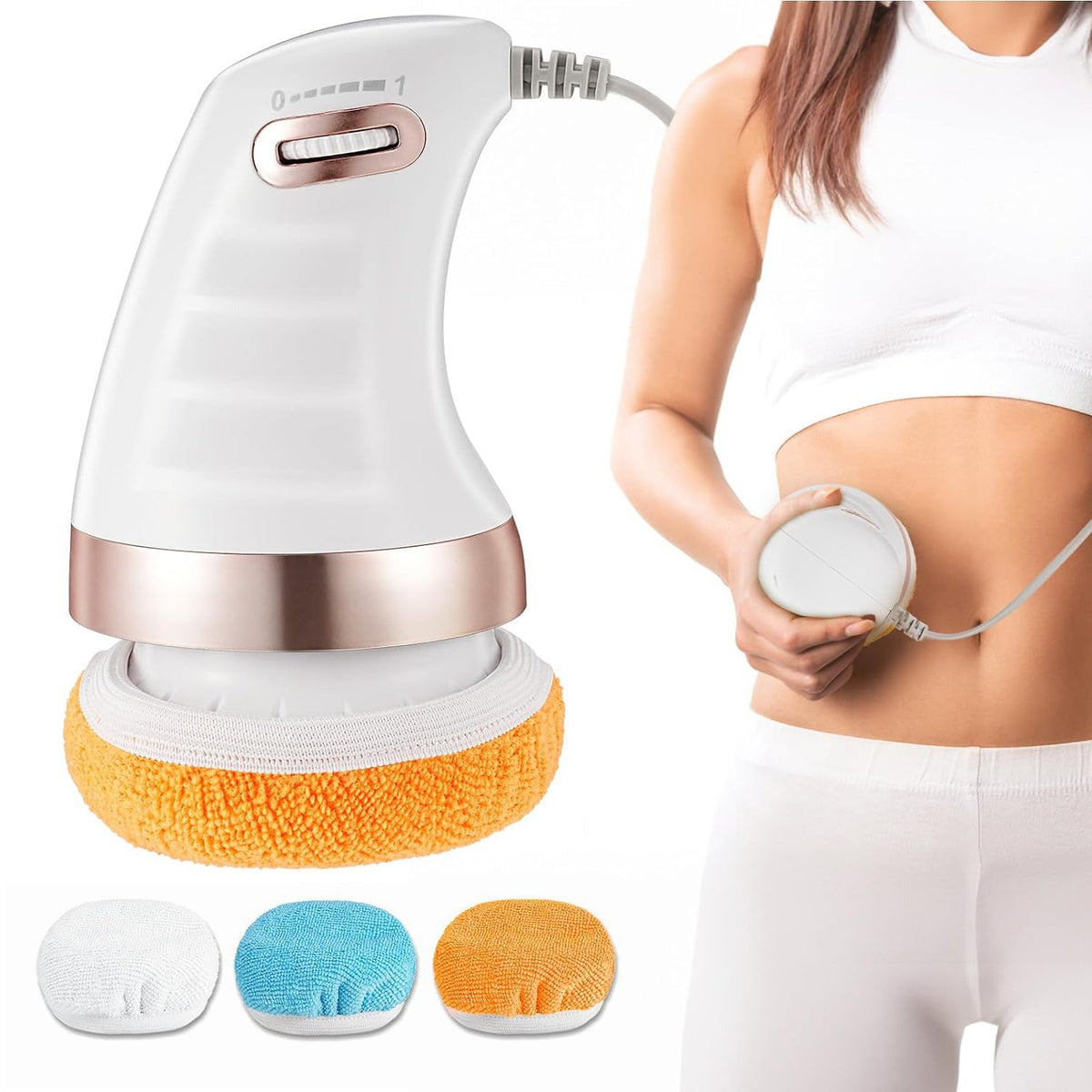 A white and rose gold massager with an orange pad, and three interchangeable pads (white, blue, orange) below it. A woman in
