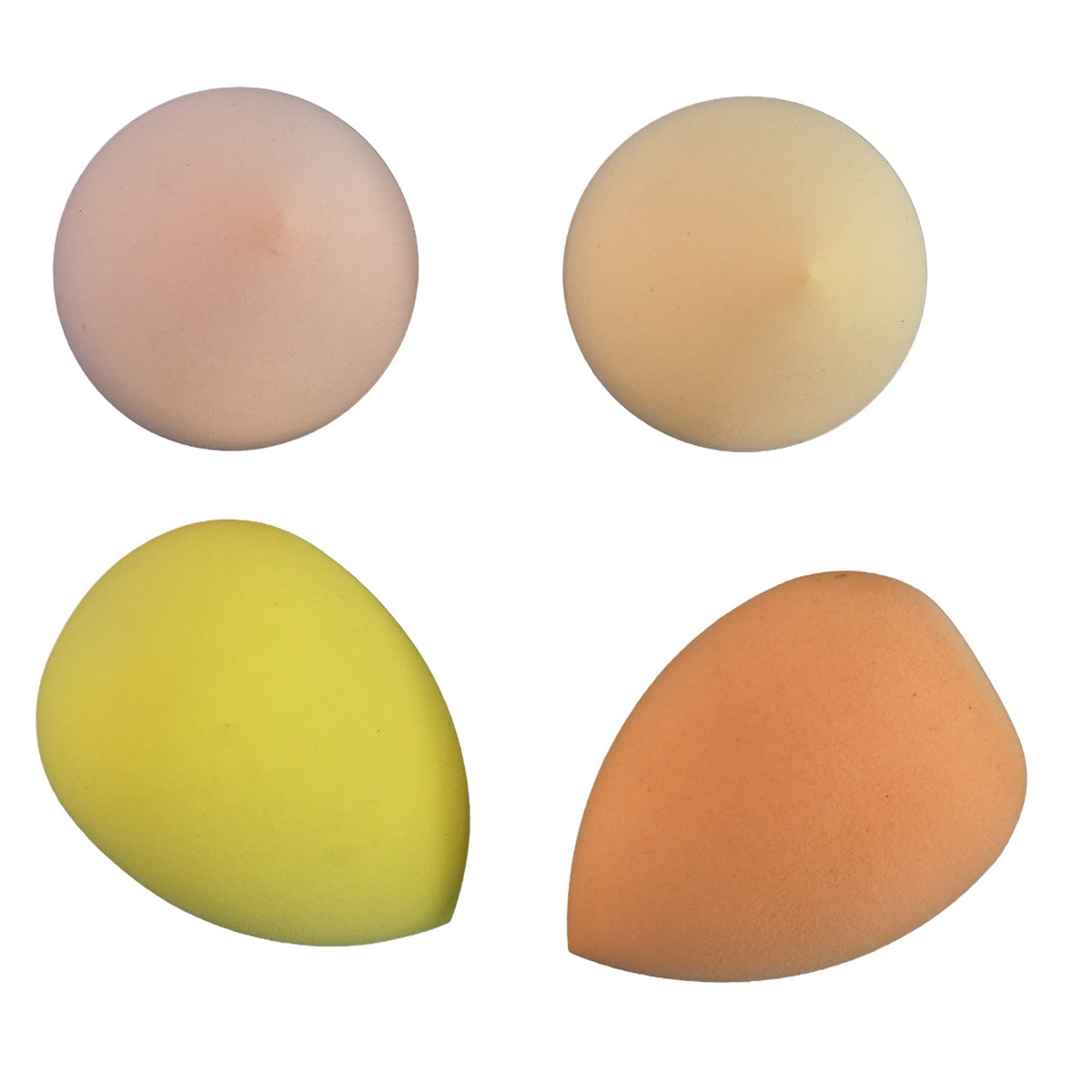 Four makeup sponges, two round and two teardrop-shaped, in shades of peach, yellow, and orange on white.