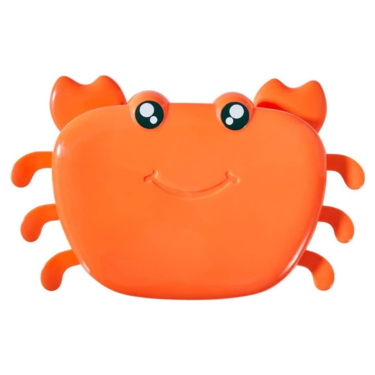 A front view of the orange crab-shaped ice mold with a smiling face on a white background.