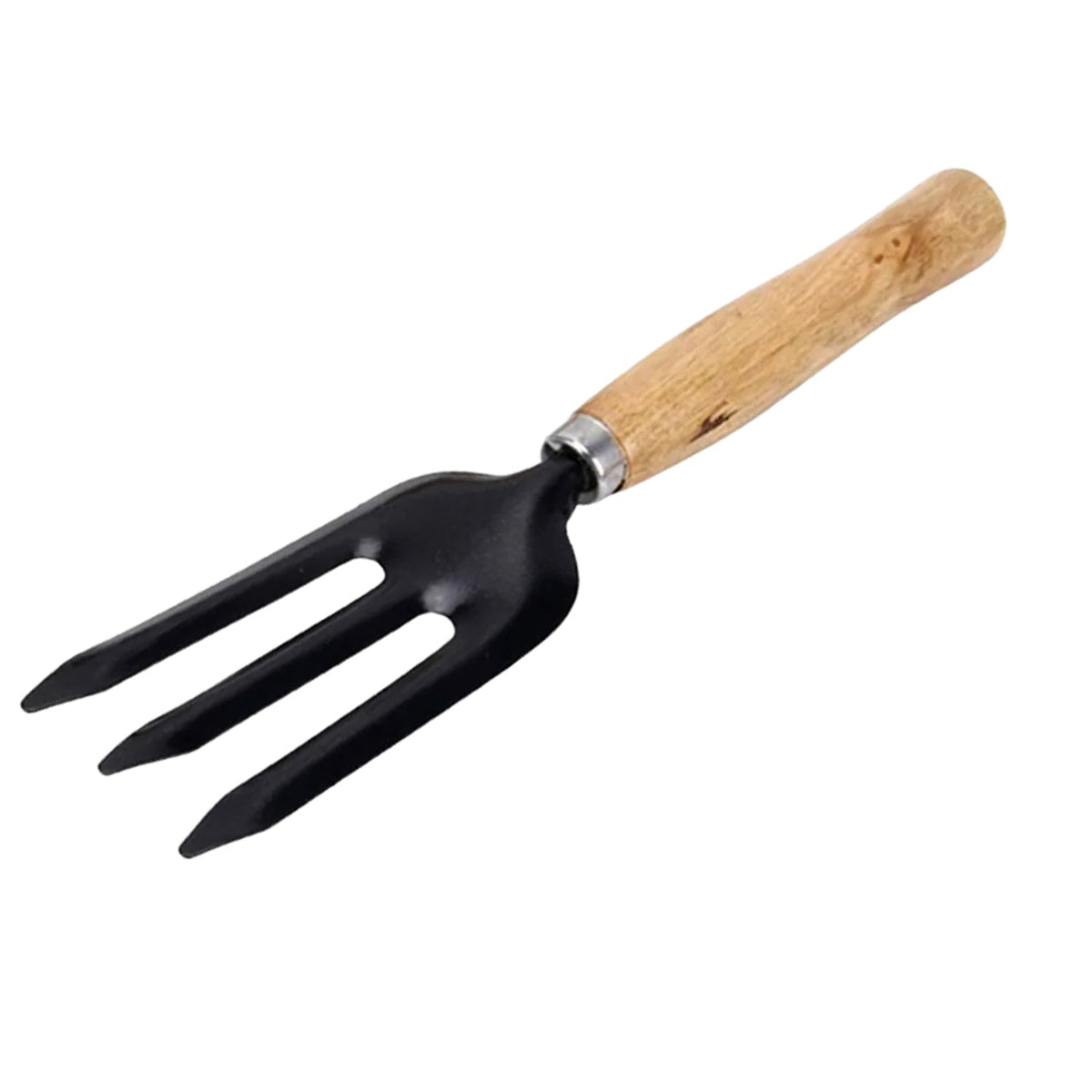 A black three-tine garden fork with a light wooden handle and silver collar is shown on a white background.