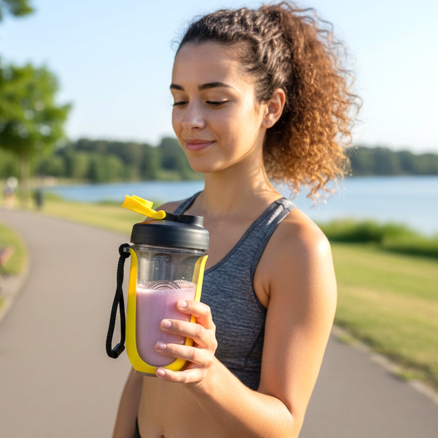 Fitness drink mixer with handle, ideal for gym and outdoor activities