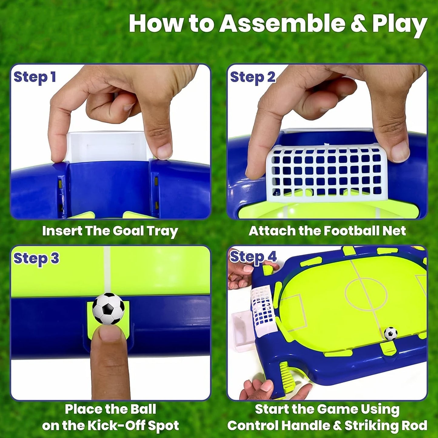 Desktop football flick game setup showing mini soccer balls and goalposts