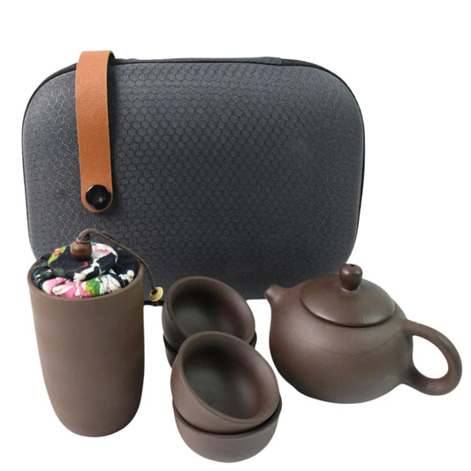 Portable Kung Fu Tea Set with ceramic teapot and cups in a travel bag