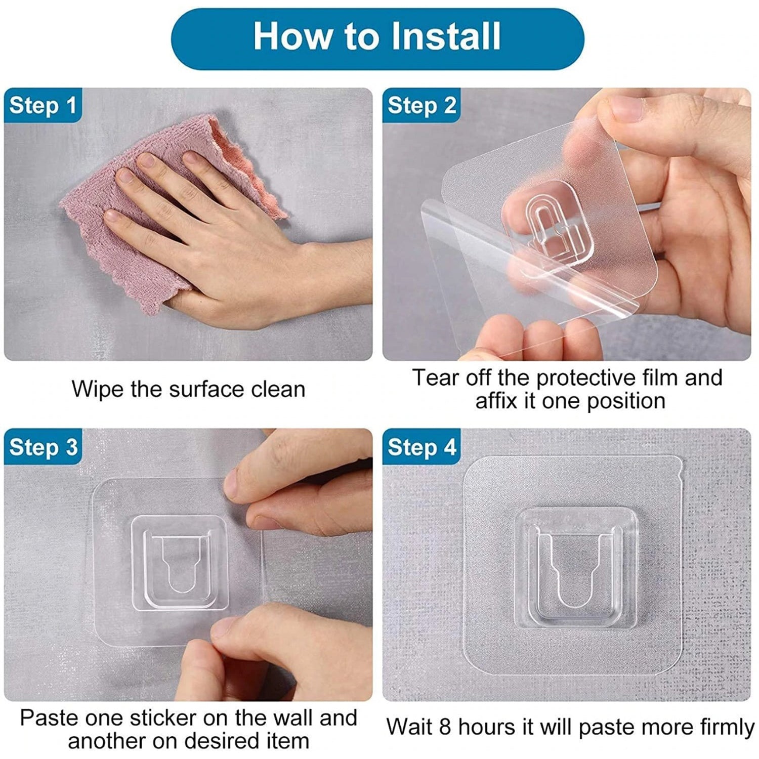 A four-step installation guide for the clear adhesive hook, including cleaning and applying.