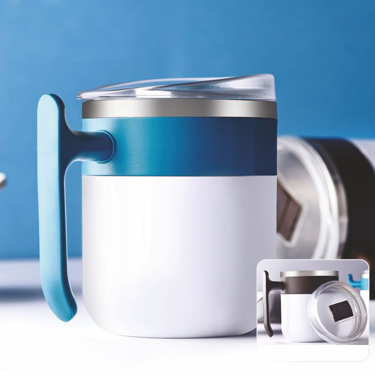 Elegant white mug with stainless steel lining, suitable for coffee and tea.