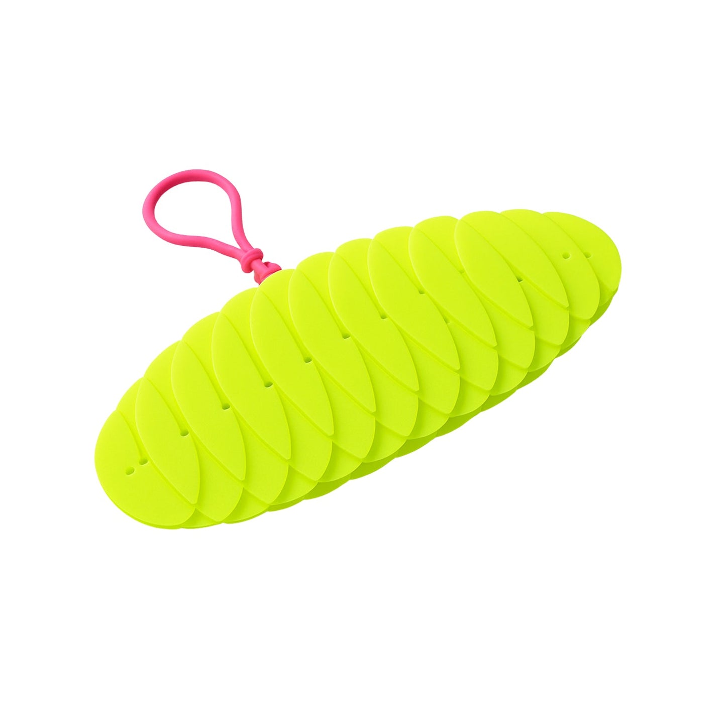 A bright green collapsible silicone ball keychain with a pink loop, shown partially collapsed against a plain white