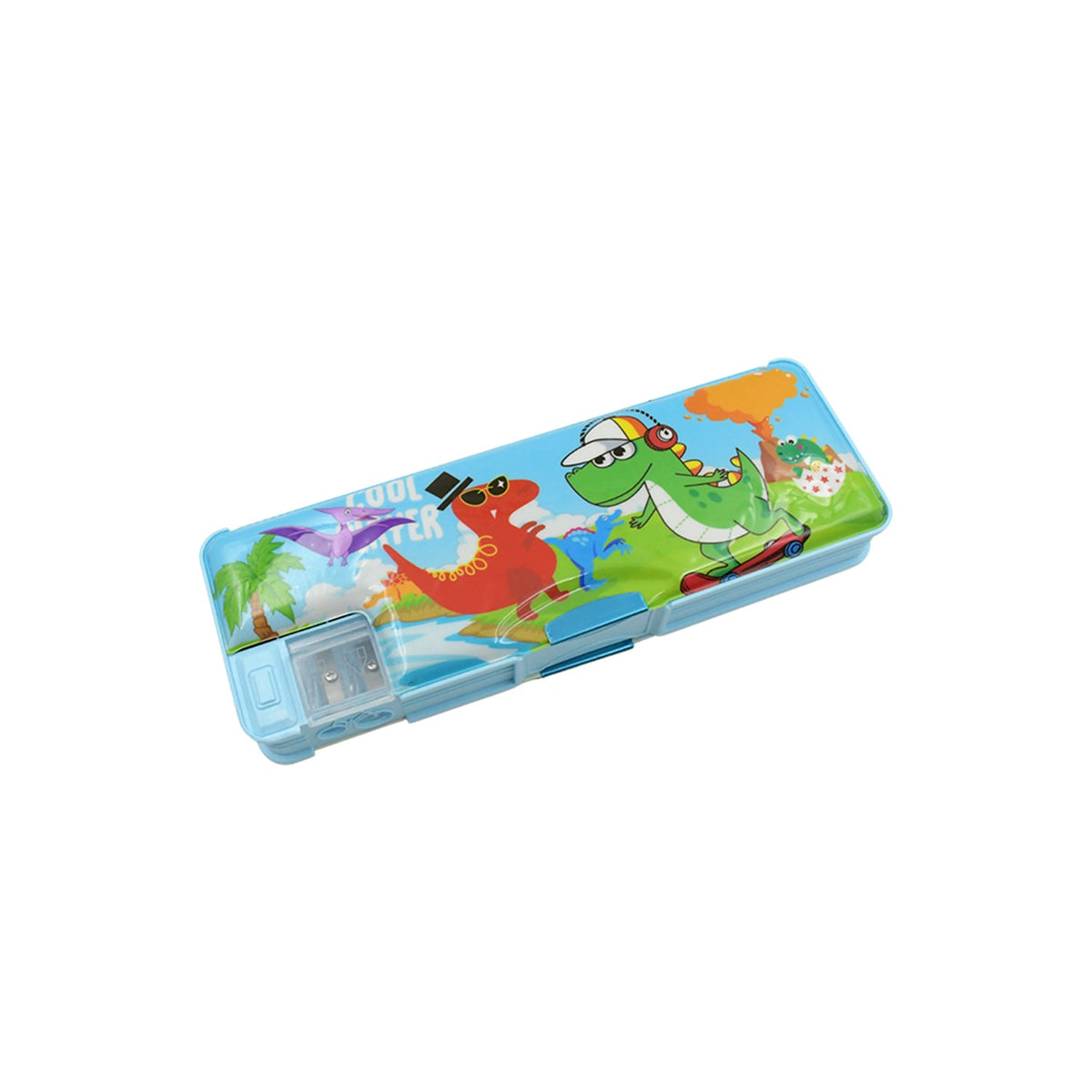 Kids' plastic multi-compartment pencil case with sharpener featuring a popular cartoon character on its cover.
