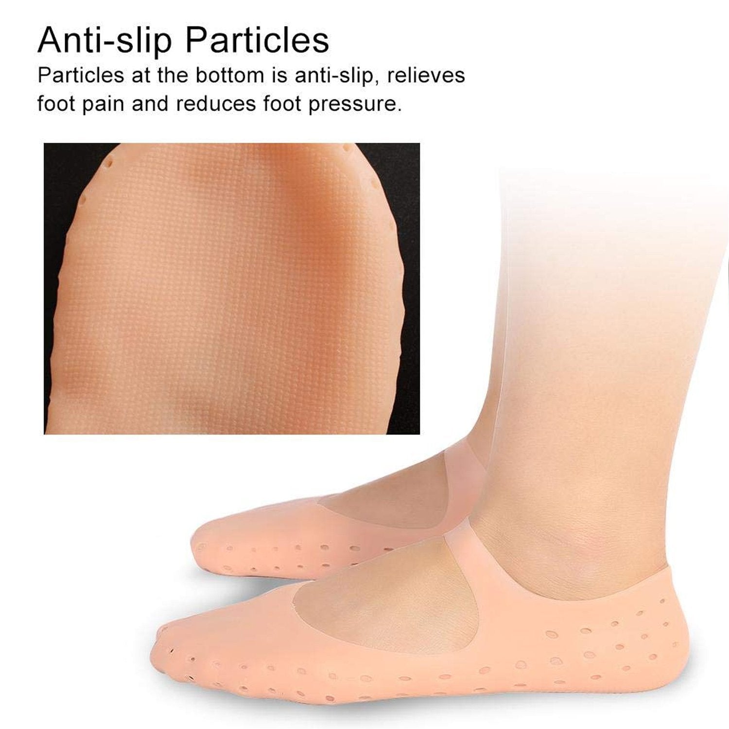 A person wearing peach silicone heel socks, with an inset showing the anti-slip particles on the bottom.