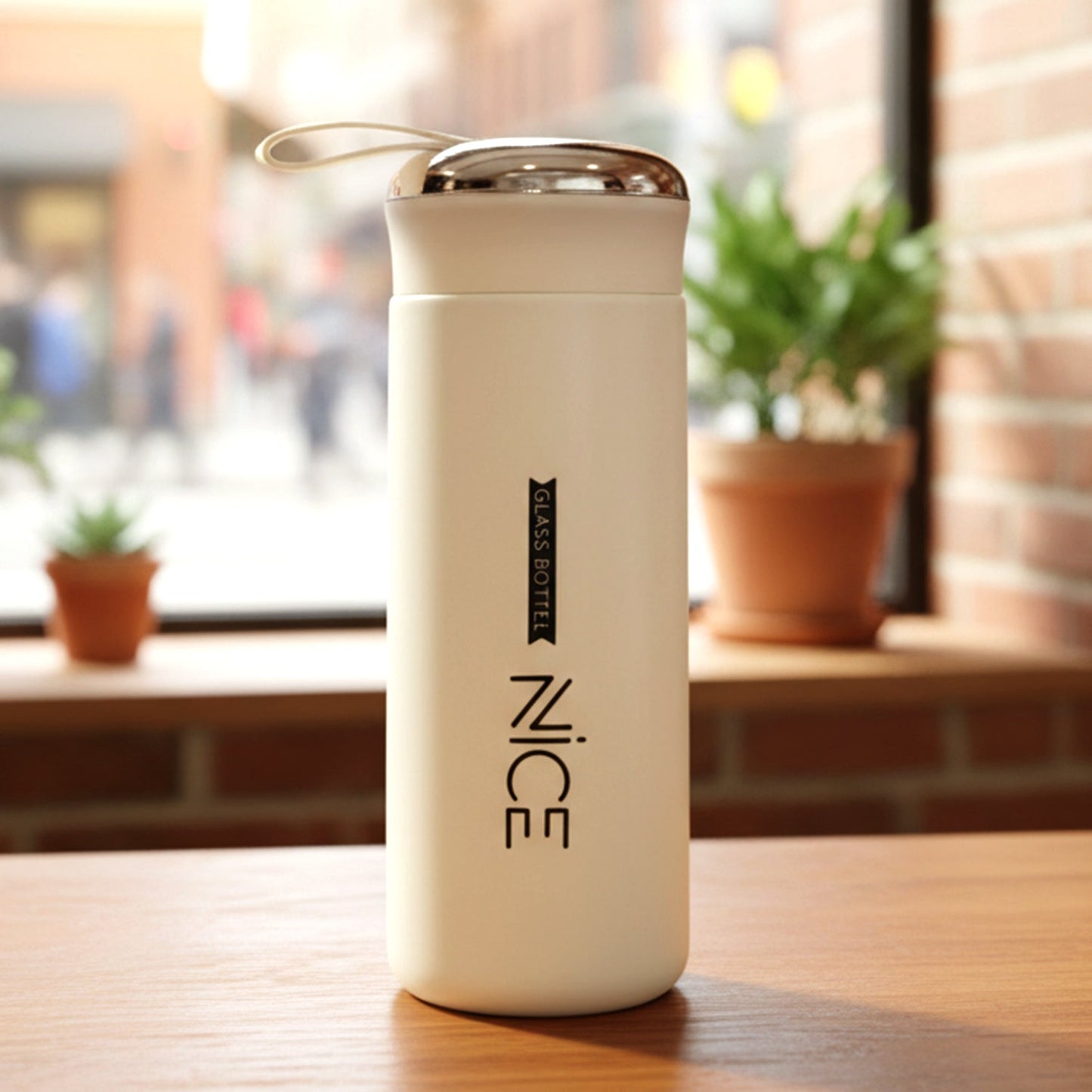 Side view of compact white glass water bottle with protective cover
