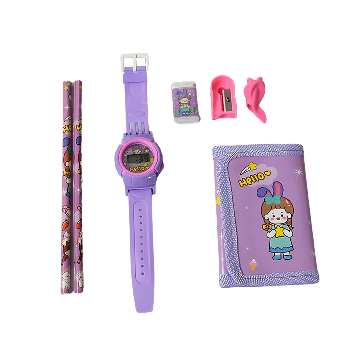 A purple digital watch, two pencils, an eraser, a sharpener, and a purple wallet with a cartoon girl, all on a white