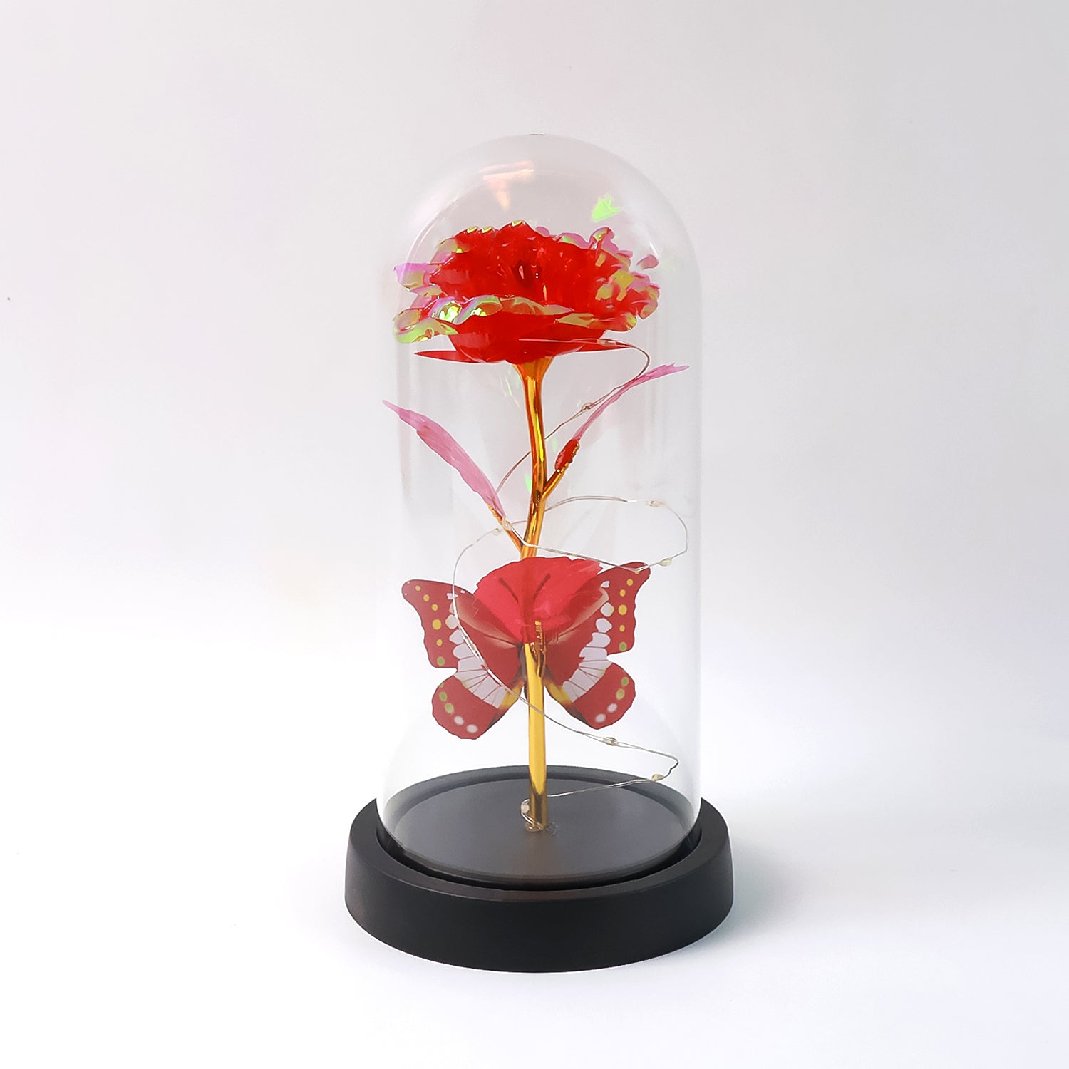 Dome featuring luxe eternal rose illuminated by warm LED fairy lights