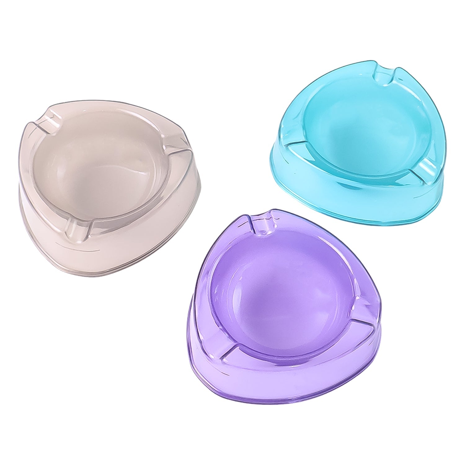 Three transparent plastic ashtrays in blue, gray, and purple are displayed in front of their product boxes.