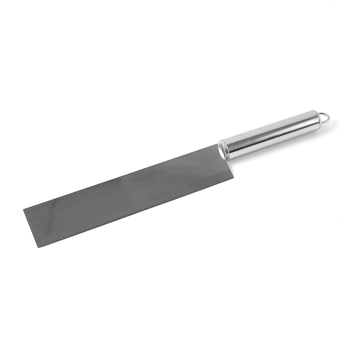A stainless steel cleaver knife with a cylindrical handle and a hanging loop is centered on a plain white background.