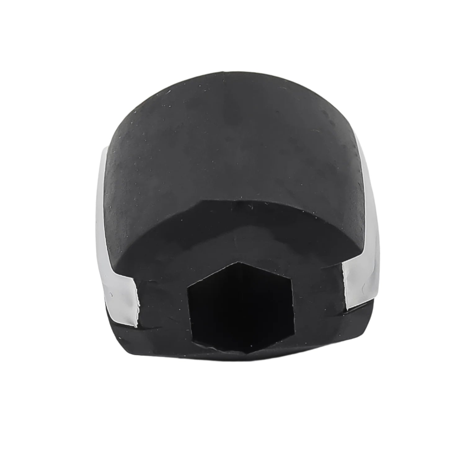 A close-up, top-down view of the black and white jaw exerciser, showing its hexagonal opening.