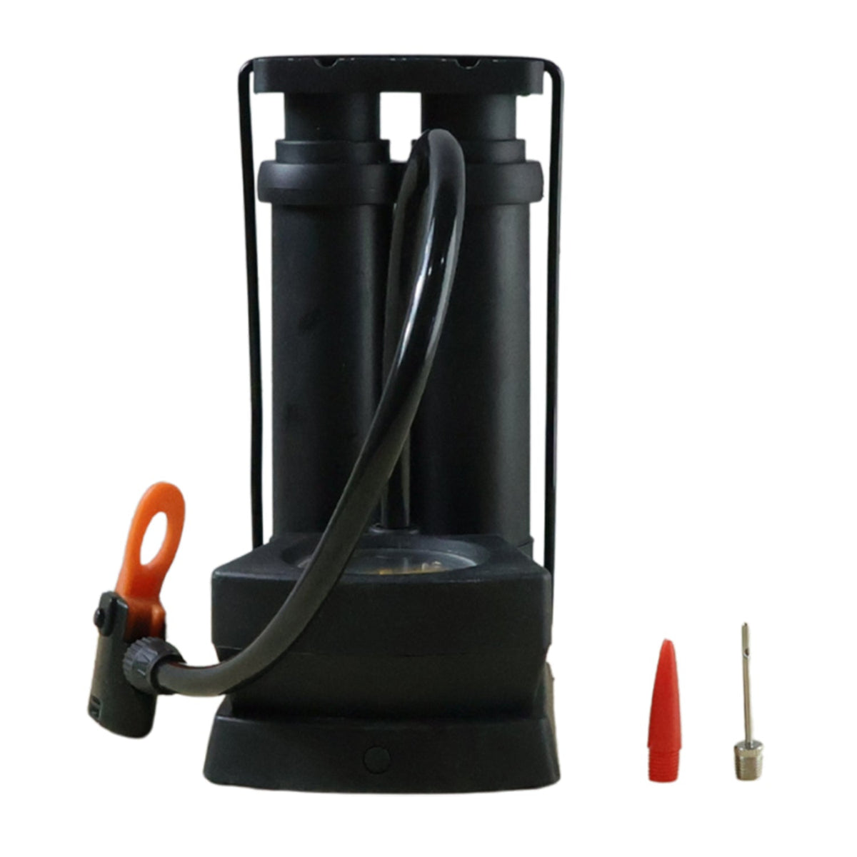 A black foot air pump with an orange nozzle and two red and silver inflation accessories on a white background.